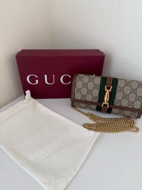 GUCCI GG Supreme Monogram Azalea Calfskin Web Jackie 1961 Chain Wallet